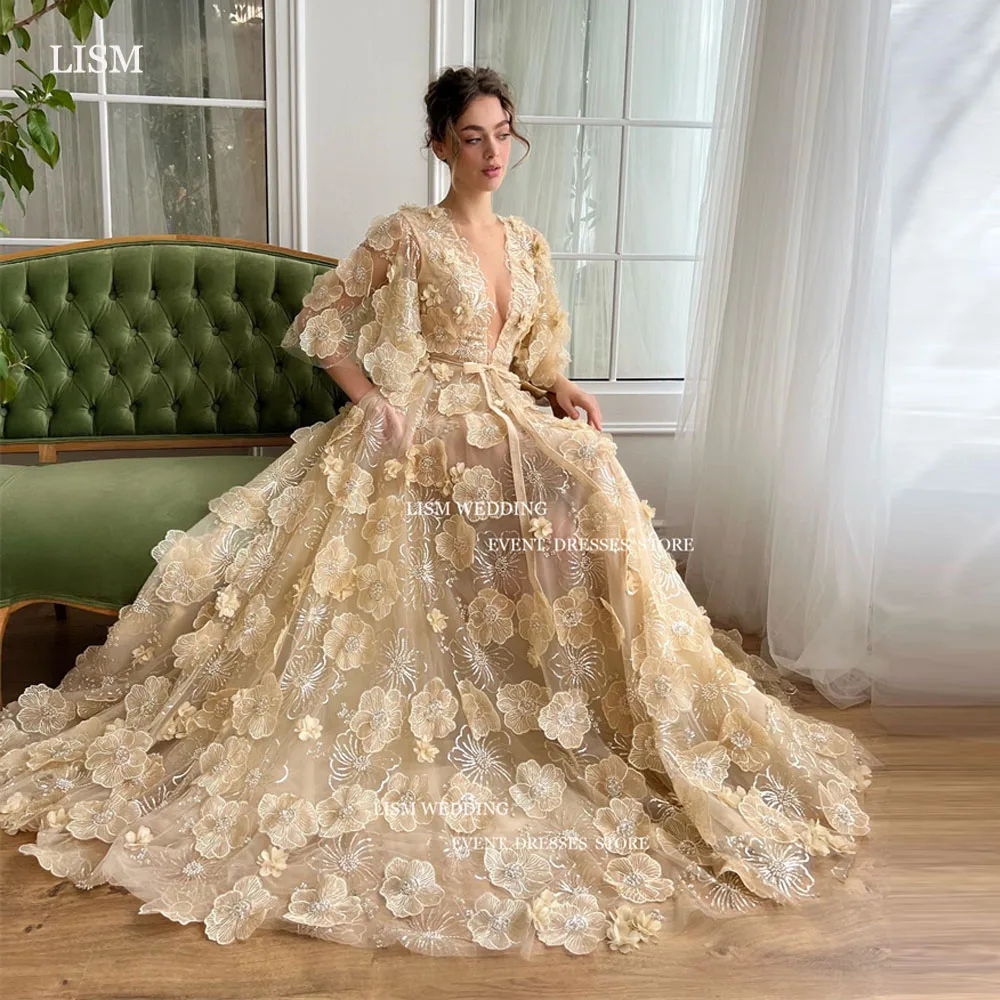 LISM Elegant Yellow Lace A-Line Evening Dresses 3D Flowers Sexy V-Neck Half Sleeves Formal Occasion Dress Floor Length Custom