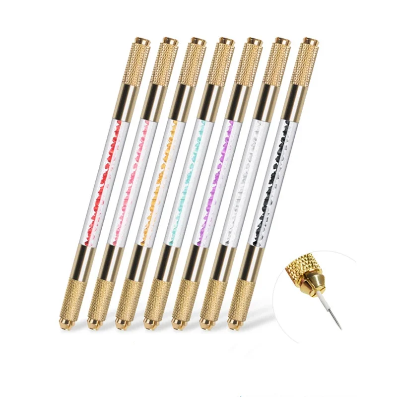 1Pc Gouden Handmatige Dubbele Kop Kristal Acryl Tattoo Pen Mistnaalden Rond Naalden Microblading Permanente Make-Up Tool Handmatige Pen