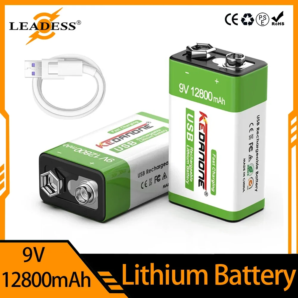 9v Rechargeable Battery 12800mah with USB 9V Li-Ion Lithium Battery for Multimeter Microphone Toy Remote Control Electric Guitar