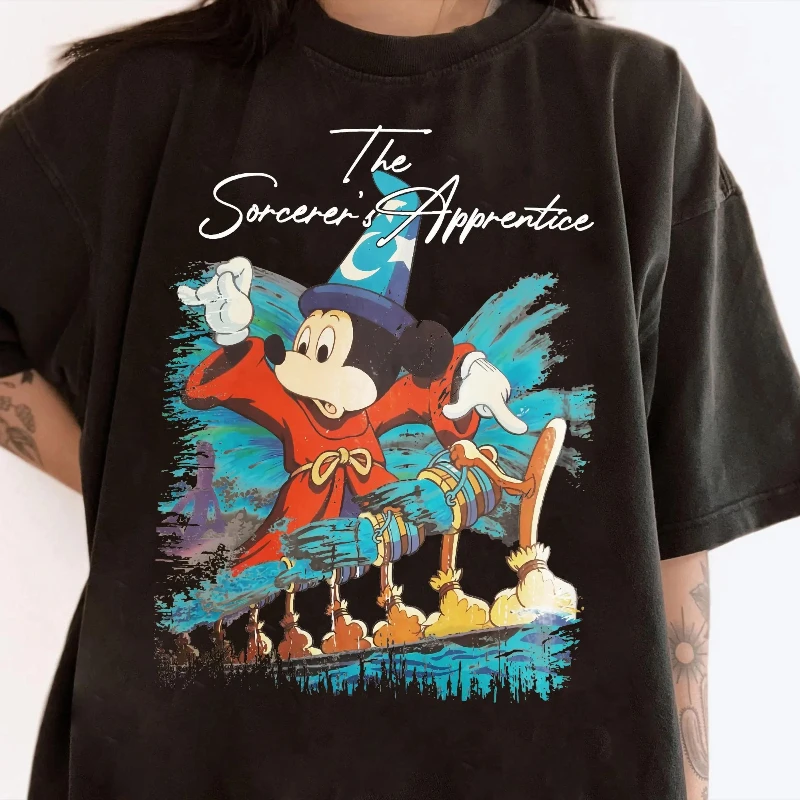 

Disney Mickey's Sorcerer's Apprentice Fantasy Disney Print Women's Disneyland Relaxed Plus Size Comfortable Short Sleeve
