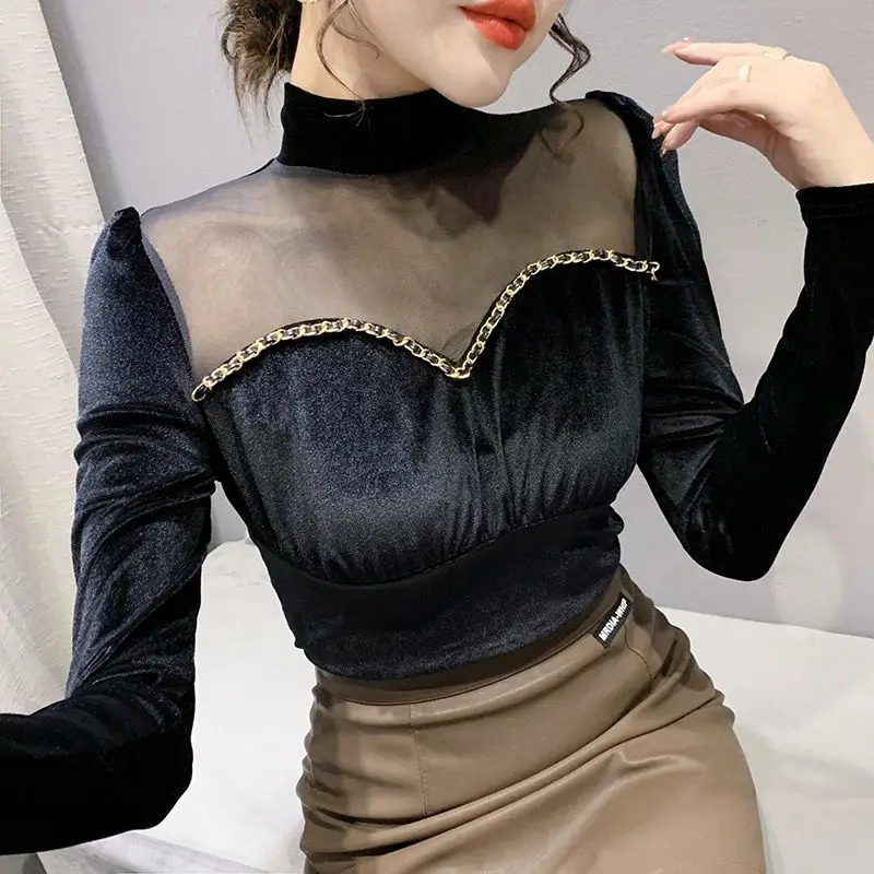 

2026 Spring Summer Women's Bottom Shirt New Gold Velvet Bottom Shirt Mesh Long Sleeve Top