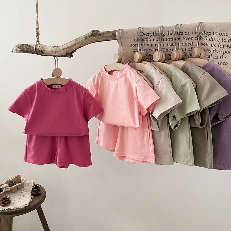 

Summer Baby and Girls Boys Casual Cotton Plain Short Sleeve T-Shirt+Shorts Set School Kids 2PCS Tracksuit Children Outfit 1-12Yr