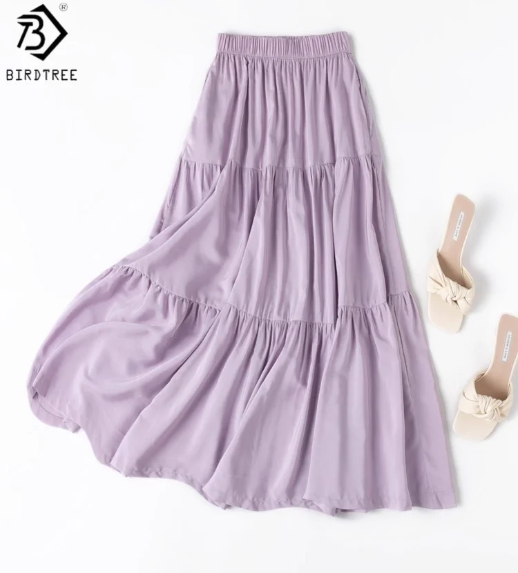 

Birdtree 70% Mulberry silk 30% Cotton Purple Dress,Women Elastic Waist Solid Color Beach Cake Dresses, 2025 New D57032JF