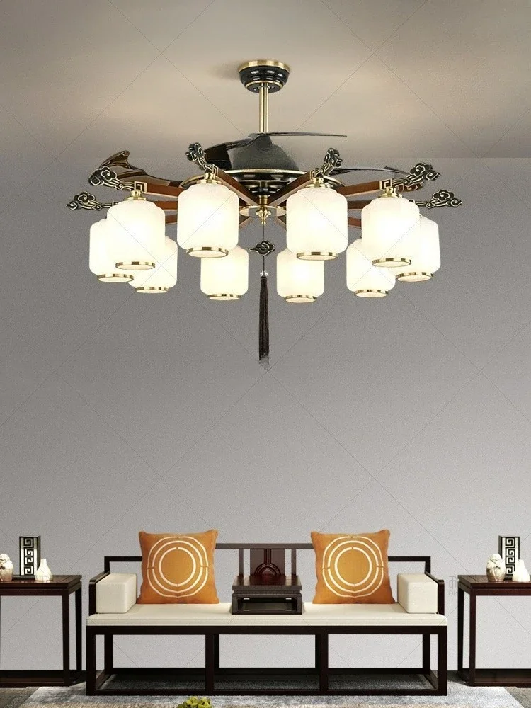 

New Chinese style, fan, chandelier, all copper, living room, dining room, zen, solid wood, tea room