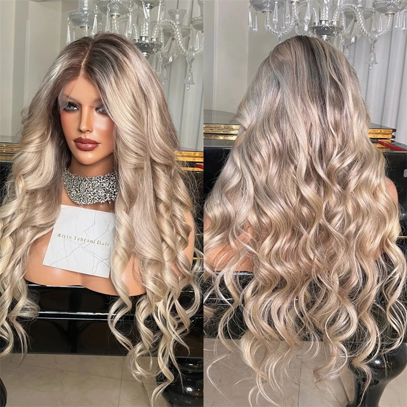 

13x4 Ombre Кремовый Пепельно-русый Парик Фронта Шнурка Термостойкое Волокно Парик 30 Длинный Парик Объемной Волны Натуральный Предварительно Сорванные Волосы
