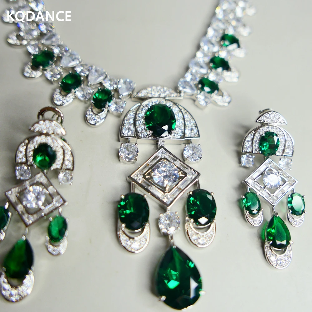 KQDANCE Luxury Multi Layer Emerald Green Zirconia Diamond Chain Necklace Earrings Gold Plated Bridal Jewelry Set Women 2022 New