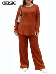 GIBSIE Plus Size Two Piece Set Women Outfit Home Style Casual Solid Rib-knit O-Neck Long Sleeve T-Shirts and Wide Leg Pants