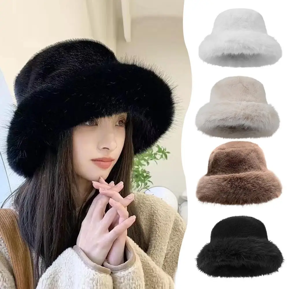 

Women Winter Bucket Hat Thicken Ear Protection Cap Faux Fur Decor Soft Fluffy Hat Versatile Items Solid Color Plush Caps