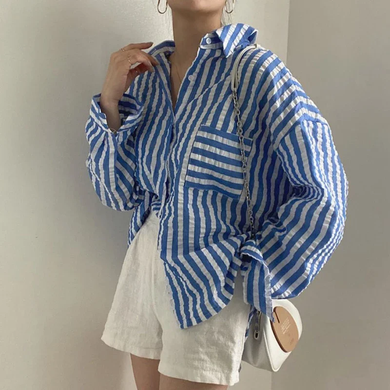 

Новый шикарный свободный крой ранней осени в полоску, длинный женский воротник-свеч на одной пуговице, универсальный повседневный топ из смеси хлопка