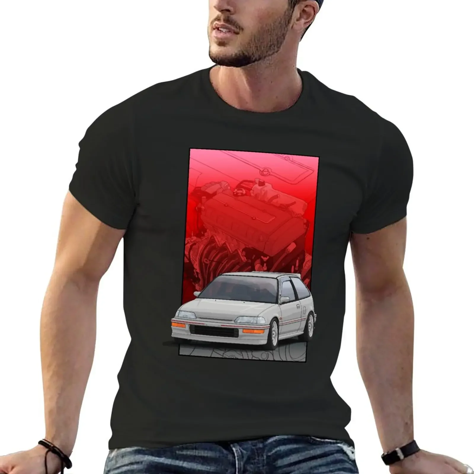 Civic EF hatch with a B16 backdrop T-Shirt cute tops summer clothes graphics sweat shirts, men