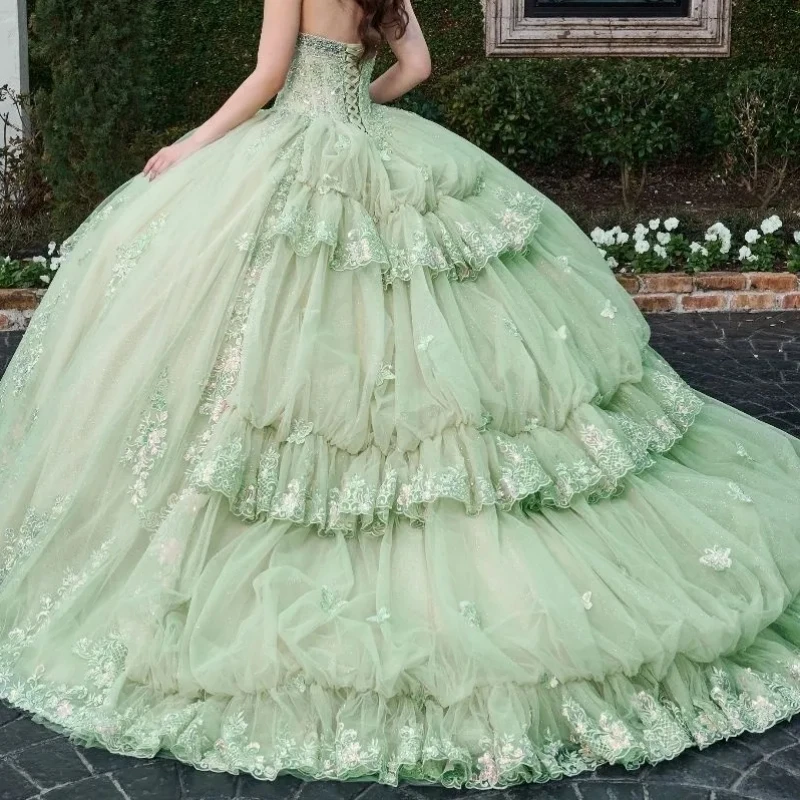 

A3072 Luxury Mexican Mint Quinceanera Dresses Ball Gown Lace Applique Tiered Women Prom Birthday Pageant Vestido 15 16Customized