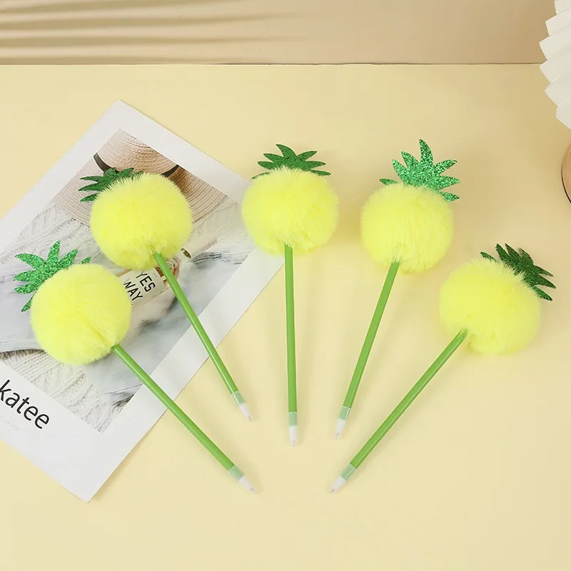 1PC Kawaii Pineapple Pattern Gel Pen with Hair Ball Creative Plastic Stationery for Kids School Supplies