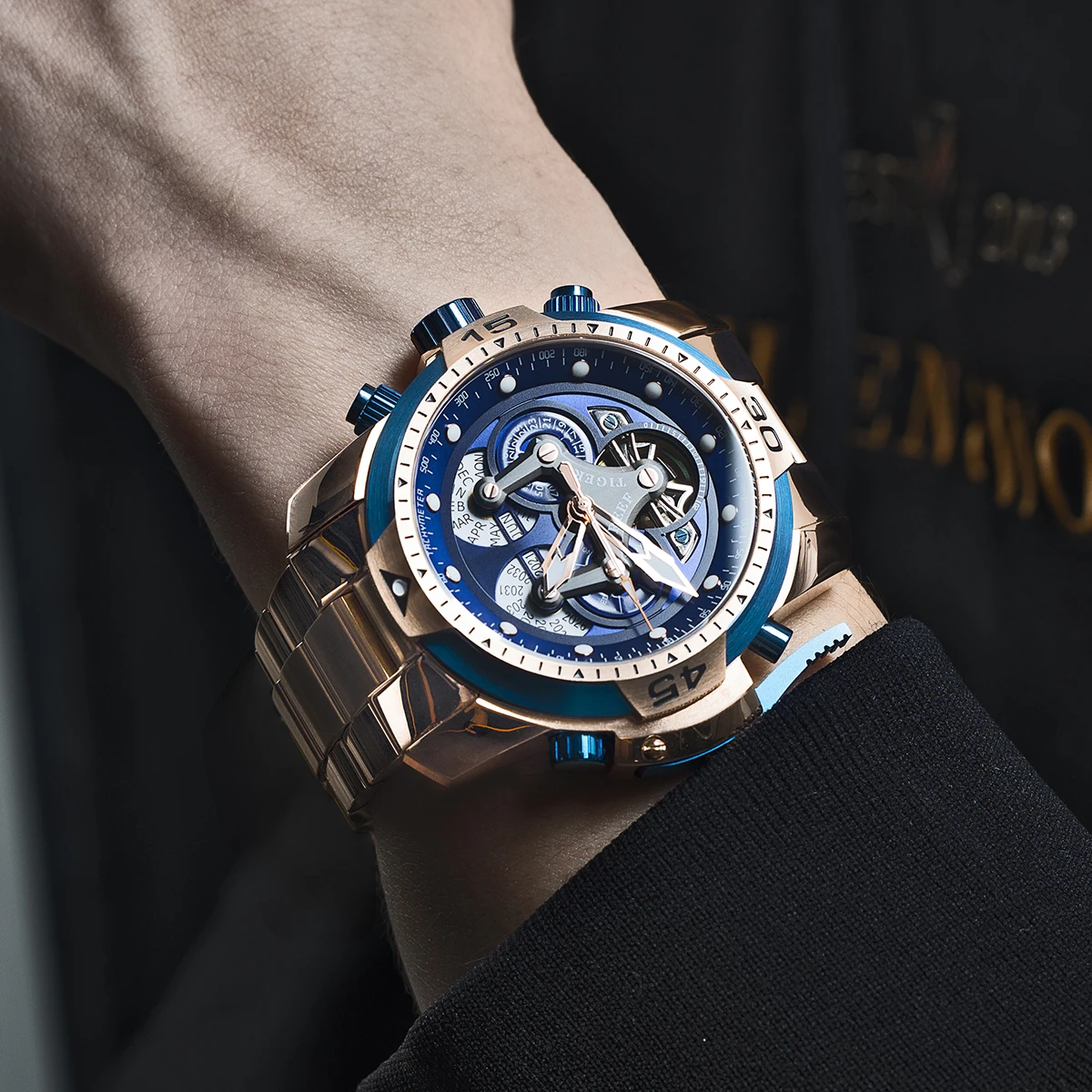 Reef Tiger/RT Designer Stainless Steel Completed Calendar Automatic Watch Men Date Rose Gold Bracelet Mechanical Watches RGA3503