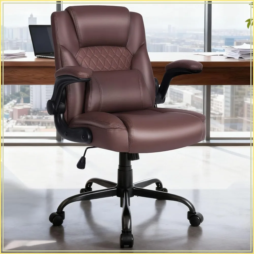 5" Thickened Seat PU Leather Desk Chair Lumbar Support, Rocking, Rolling Wheels, Adjustable Armrests