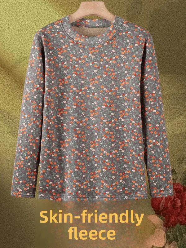 تي شيرت دافئ مبطن بالصوف برقبة دائرية للنساء، ملابس داخلية، طبقة أساسية، ملابس علوية للأم والجدة، ملابس خريف وربيع، بوليستر سميك