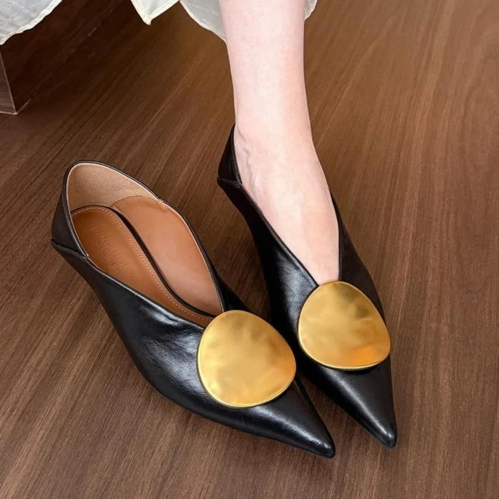 

2025 Autumn New Brand Women Pumps Shoes Fashion Gold Metal Shallow Slip on Single Shoes Thin Low Heel Dress Pumps