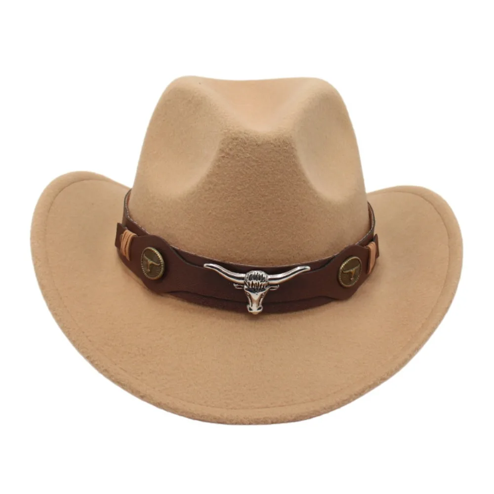 Felt Western Cowboy Hat Ox Head Accessories with Cow Band Roll Brim Cowgirl Cap Ethnic Style Soft Tibetan Style Top Hat Women