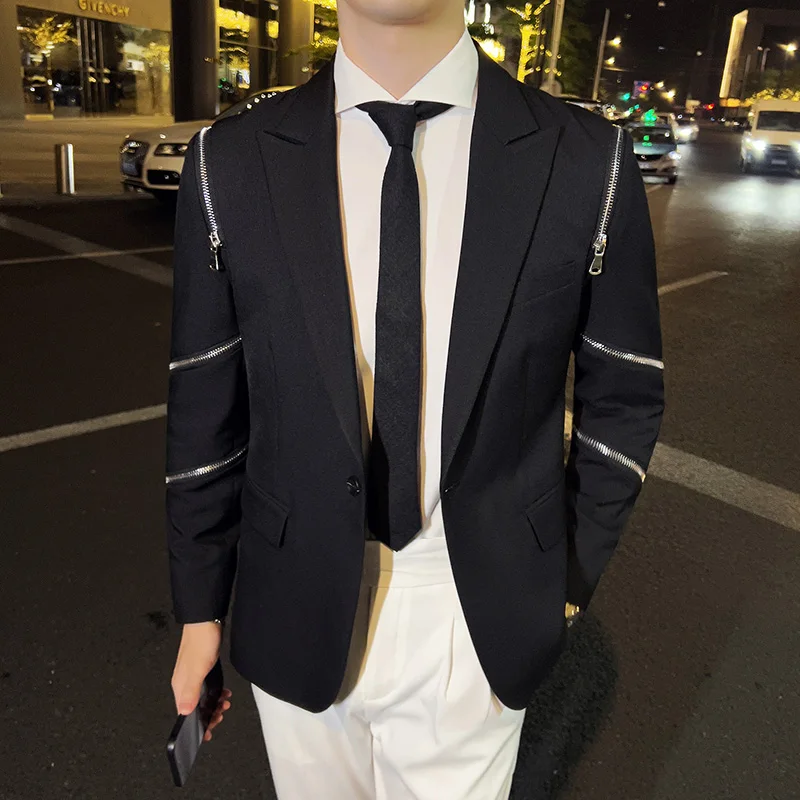 

Стильный мужской пиджак с металлической молнией — приталенный крой, универсальный для работы/дата, модный и удобный, идеально подходит для современного мужчины