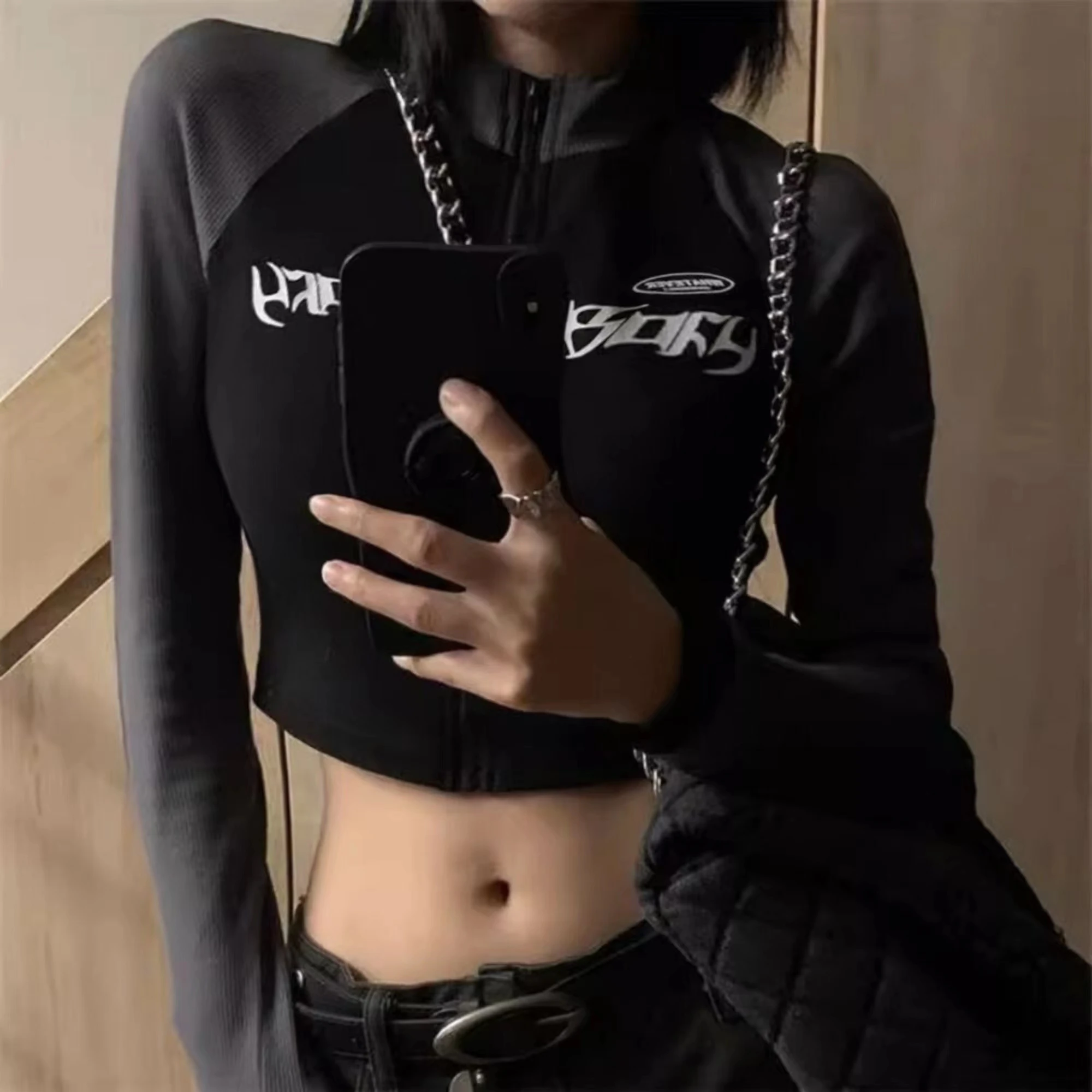 Y2K Vintage Top Jacket T-shirt Women Spring Summer Sexy O Neck Crop Top Korean Fashion High Street Zip Up Skinny Tees Egirl