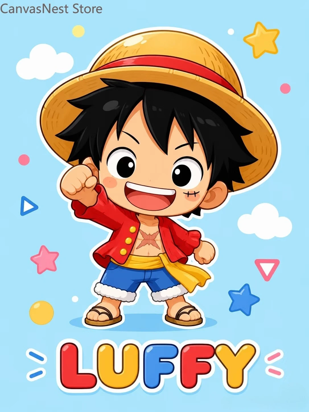 One Piece Luffy Canvas Wall Art, Cute Chibi Monkey D Luffy Poster for Kids Room Decor