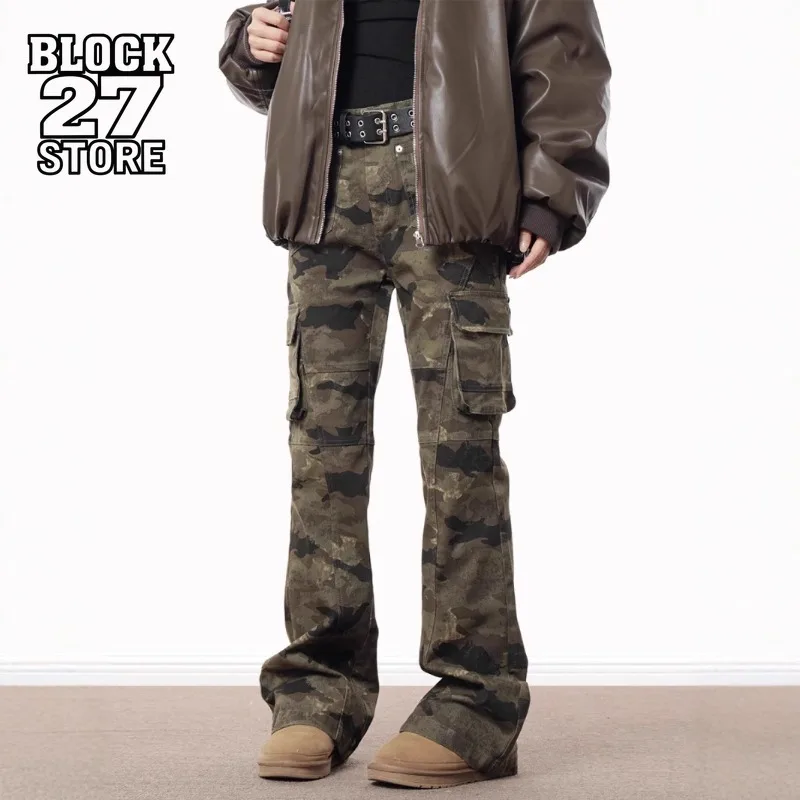 

Mens Jeans Harajuku American Vintage Streetwear Camouflage Multi Pocket Denim Pants Straight Micro Flared Loose Fit Hip Hop New