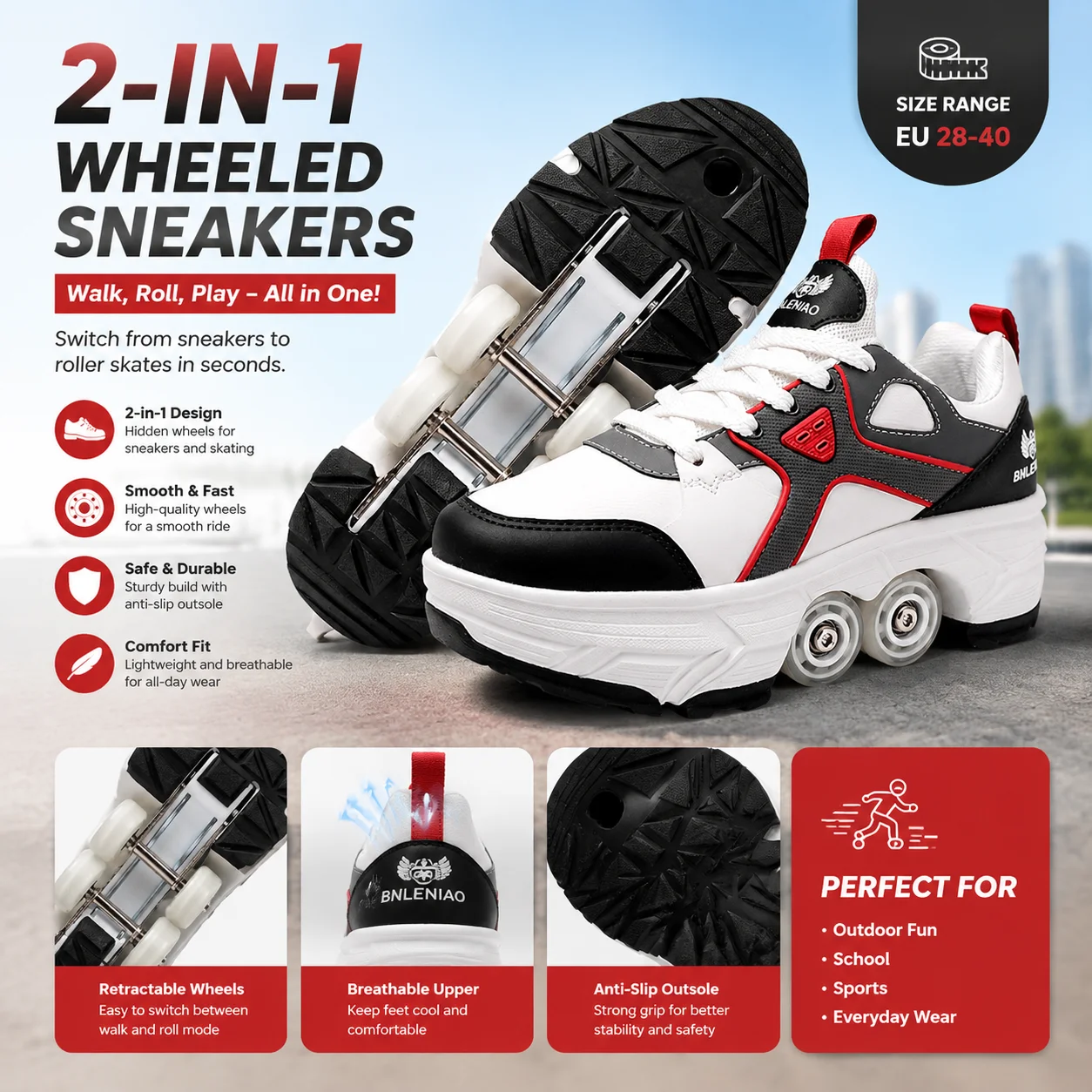 Four-wheel roller skates, can walk and glide, casual ice skates for adults and teens, kids' sports roller skates