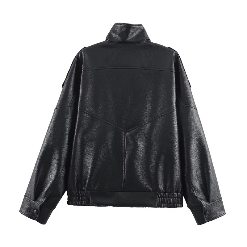 2026 Spring Autumn Women's Faux Leather Jacket Solid Color Long Sleeve Stand Collar Loose Coat Fashion Motorcycle Streetwear