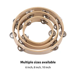 6 Inch Tambourine for Adults Pleasant Jingle Sound Hand Cranked Bell Rings Wooden Natural Color