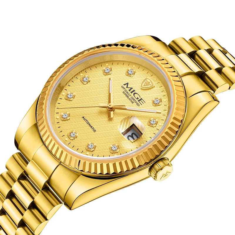 MIGE Classic Luxury, caja/correa de acero inoxidable dorado, reloj con movimiento mecánico completamente automático,