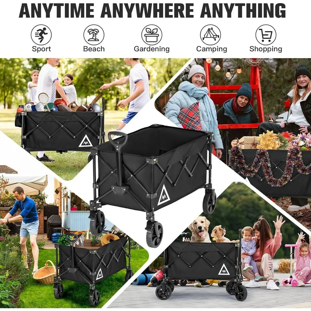 عربة أدوات محمولة شديدة التحمل قابلة للطي مع عجلات كبيرة للشاطئ والحديقة والبقالة والتخييم والرياضات الخارجية باللون الأسود