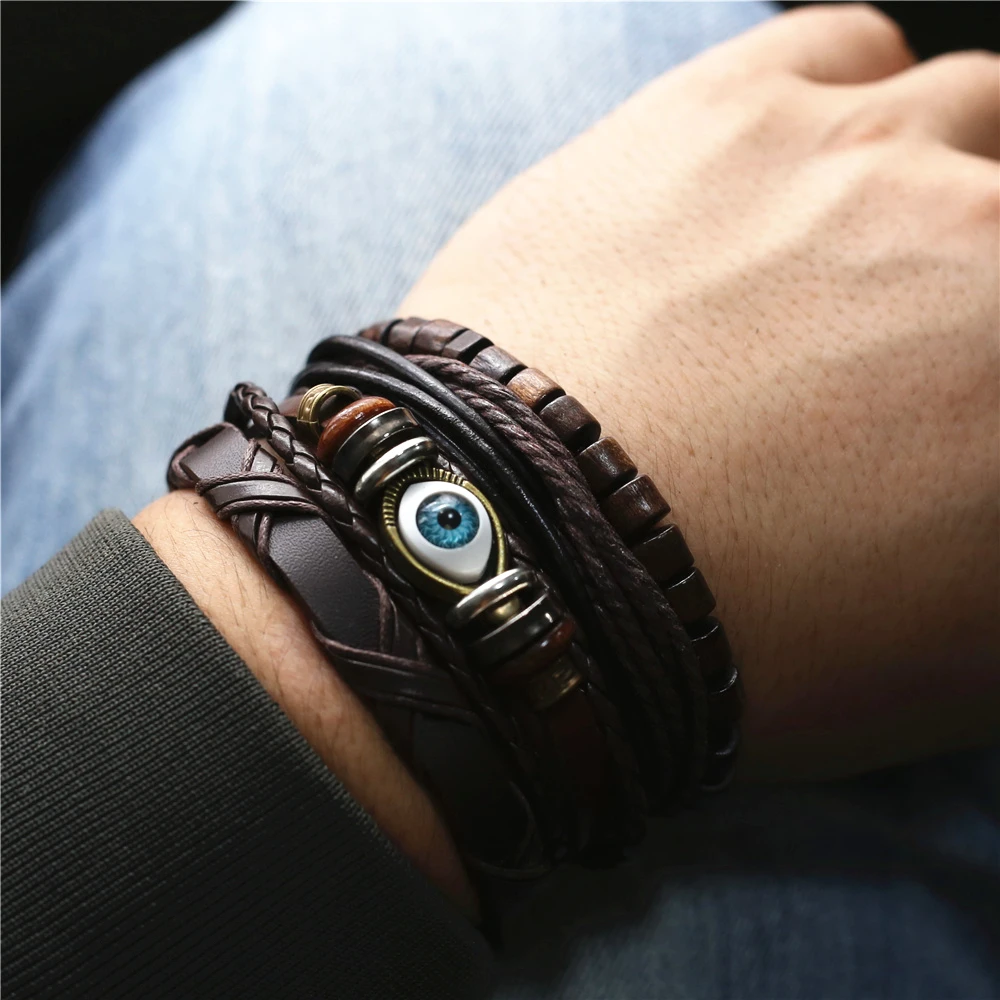 4 Pcs/Set Multilayer Brown Leather Woven Men Bracelets For Women Eye Charm Wood Beads Homme Male Gift Jewelry