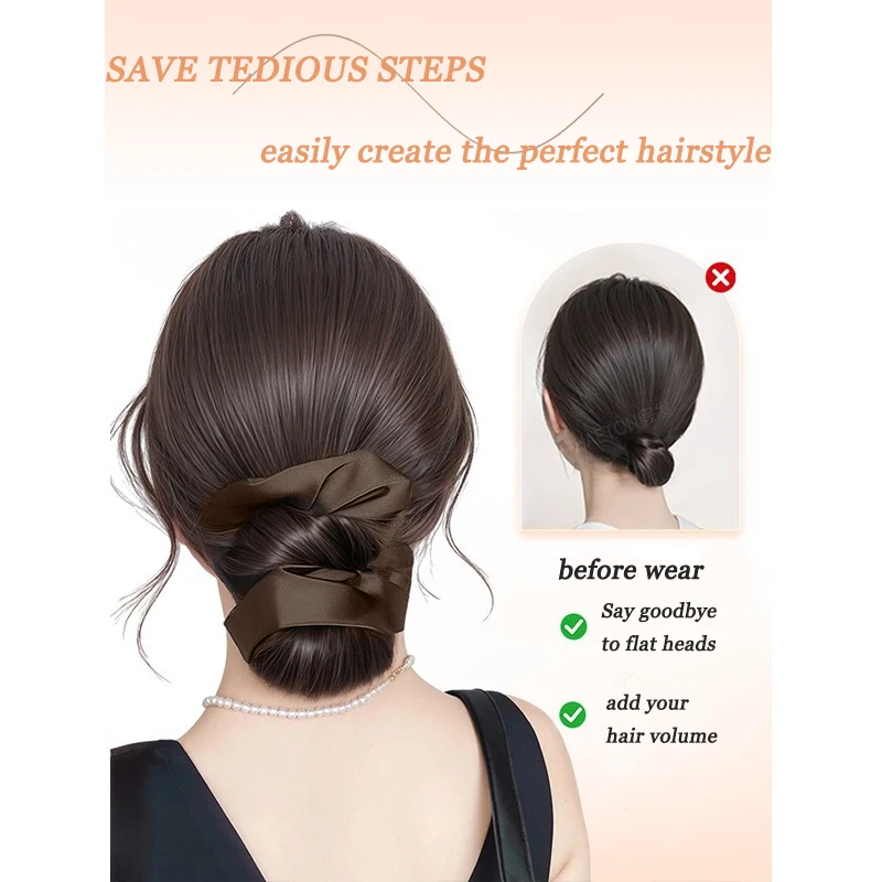 合成繊維女性用ヘアピース、偽ピンウィッグ、爪クリップ付き、黒茶色、ローアップヘアアクセサリー、ナチュラルなお団子ヘア用シュシュ