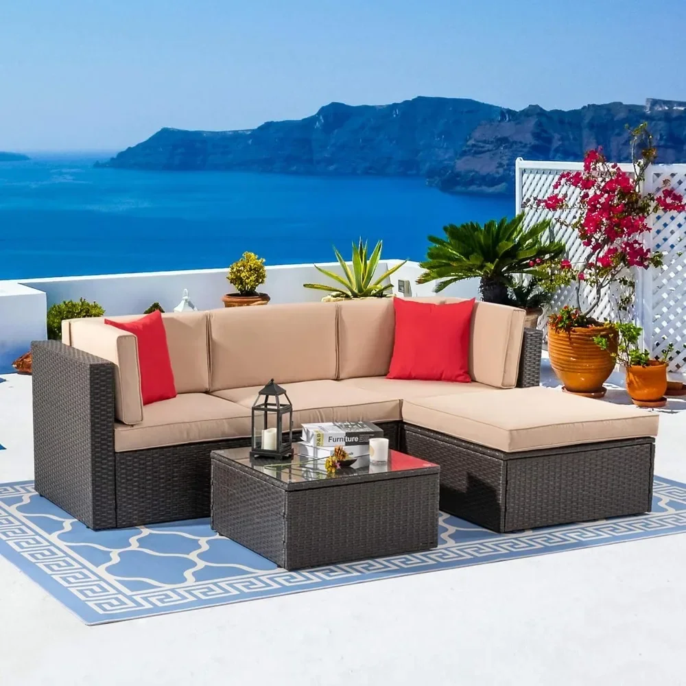 5 -7 Piece Patio Furniture Sets, All-Weather Brown PE Wicker Outdoor Couch Sectional Set w/Ottoman, Glass Table