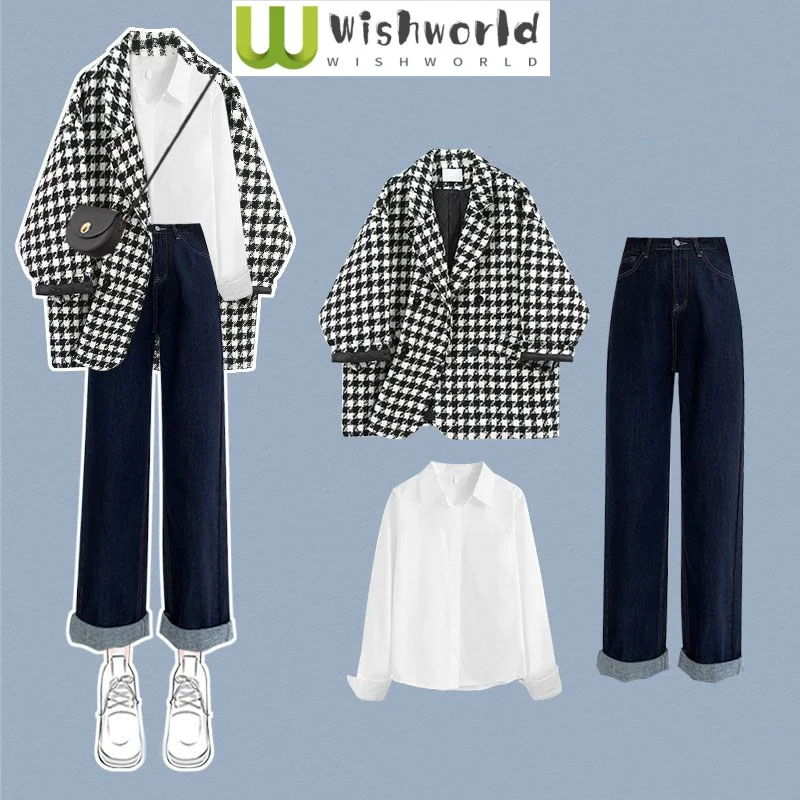 

Autumn/Winter New Checkered Plush Jacket Blazer White Chiffon Shirt Blouse Jeans 3-Piece Elegant Women's Pants Set