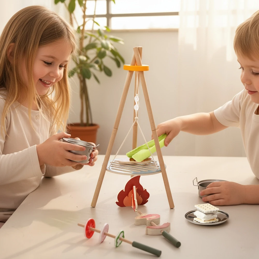 Wooden BBQ Grill Toy Set Montessori Cooking Experience Wooden Outdoor Camping Toys Blocks Playhouse Games Baby Interactive Toys