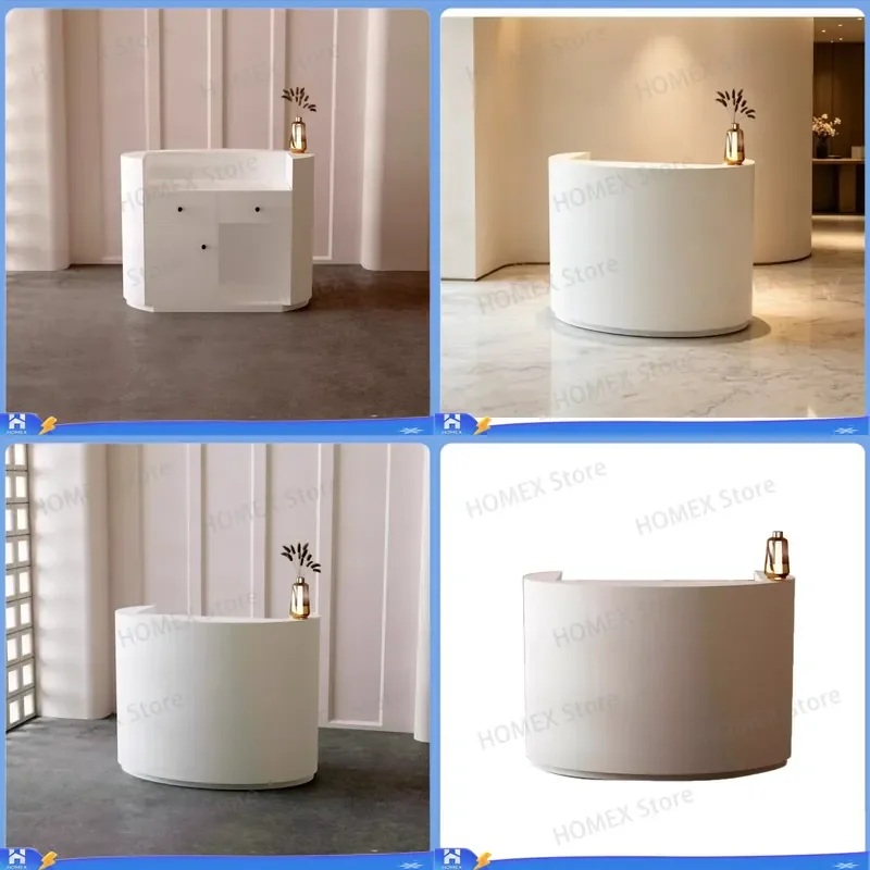 Modern Curved Wooden Reception Desk Convertible Office Front Counter with Storage for Hospital Salon Hotel Retail Store