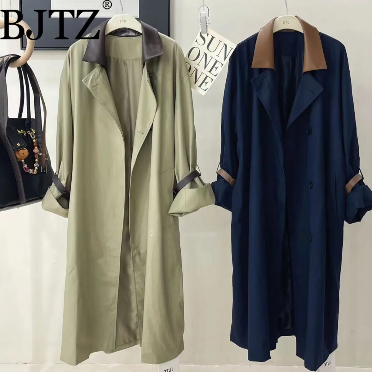 

BJTZ Popular Women's Long Trench Coat with Leather Detail Autumn Fall Elegant Minimalist Premium Fashion,Casual Chic Comfortable