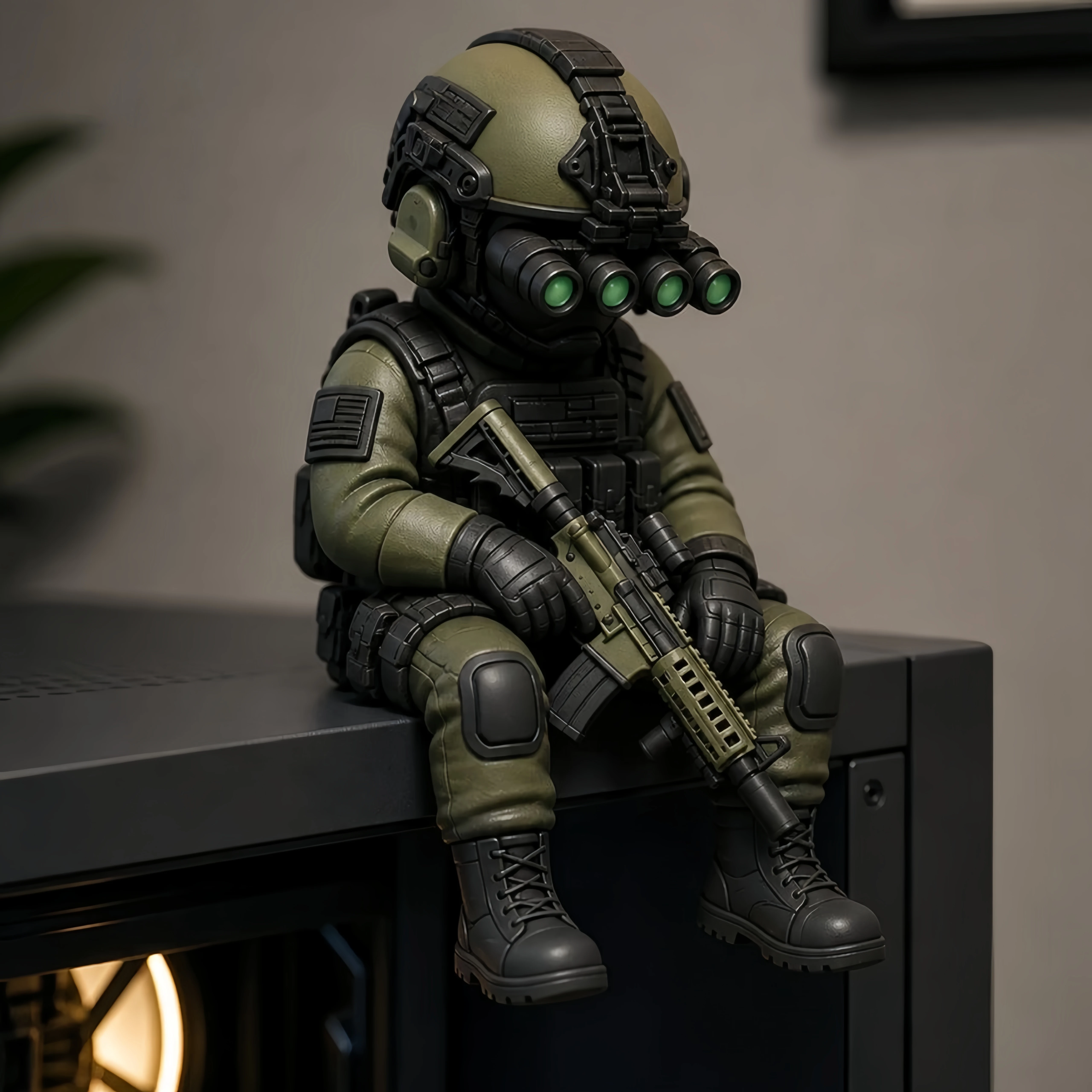 

Mini Tactical Soldier Resin Figurine Four-eye Night Vision Trooper Sitting Desktop PC Case Military Collectible Men Gift Pack