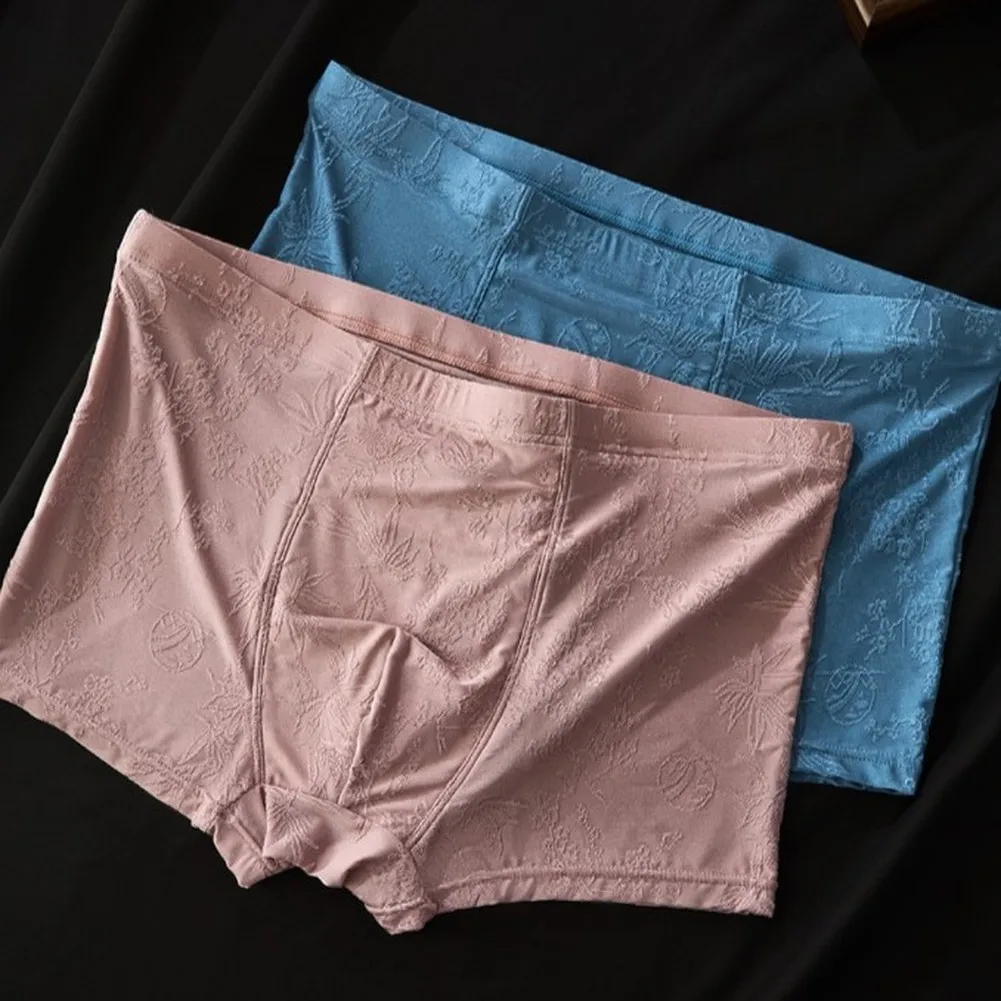 Men Ice Silk Jacquard Boxer Shorts Middle Waist Underwear Solid Male Underpants Stretch Boys Thin Flat Corner Panties