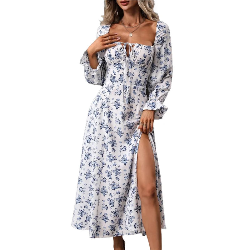 ASDS-Womens Casual Square Neck Long Sleeve Boho Floral Midi Dress Print Side Split Dresses