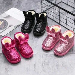 Girls Snow Boots Kids Ankle Boots Autumn Winter Fashion Princess Cute Rabbit Ear with Glitter Sequins Warm Thick Plush Cotton