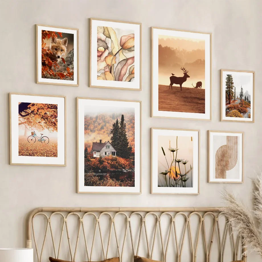 

Deer Fox Cabin Flowers Leaves Autumn Landscape Wall Art Canvas Painting Nordic Posters And Prints Pictures For Living Room Decor