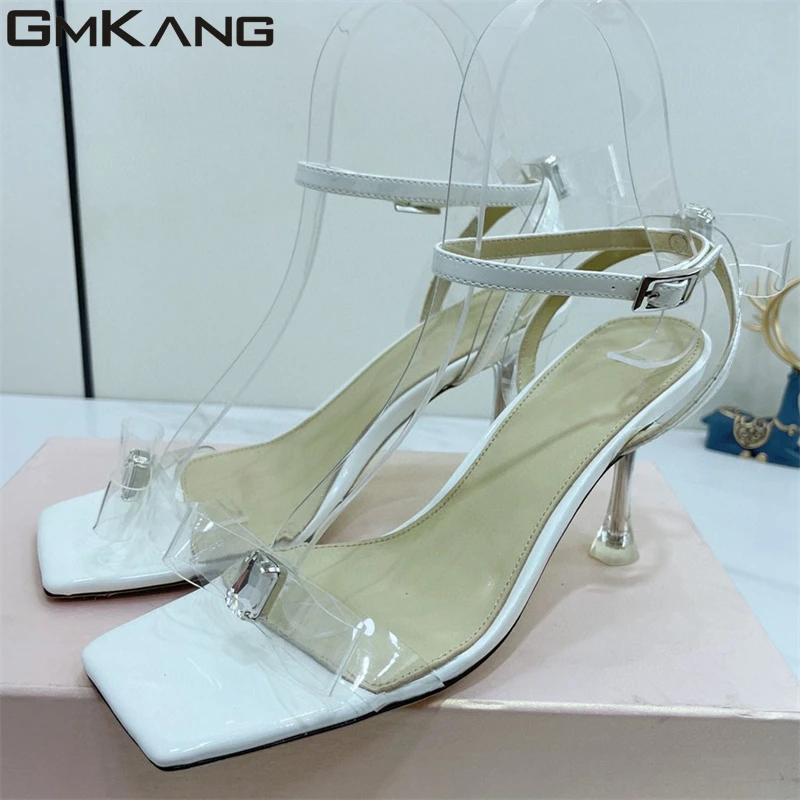 

New High Heels Sandals Women PVC Genuine Leather Ankle Strap Summer Shoes Women Heeled Runway Sandals Woman Sandalias Mujer