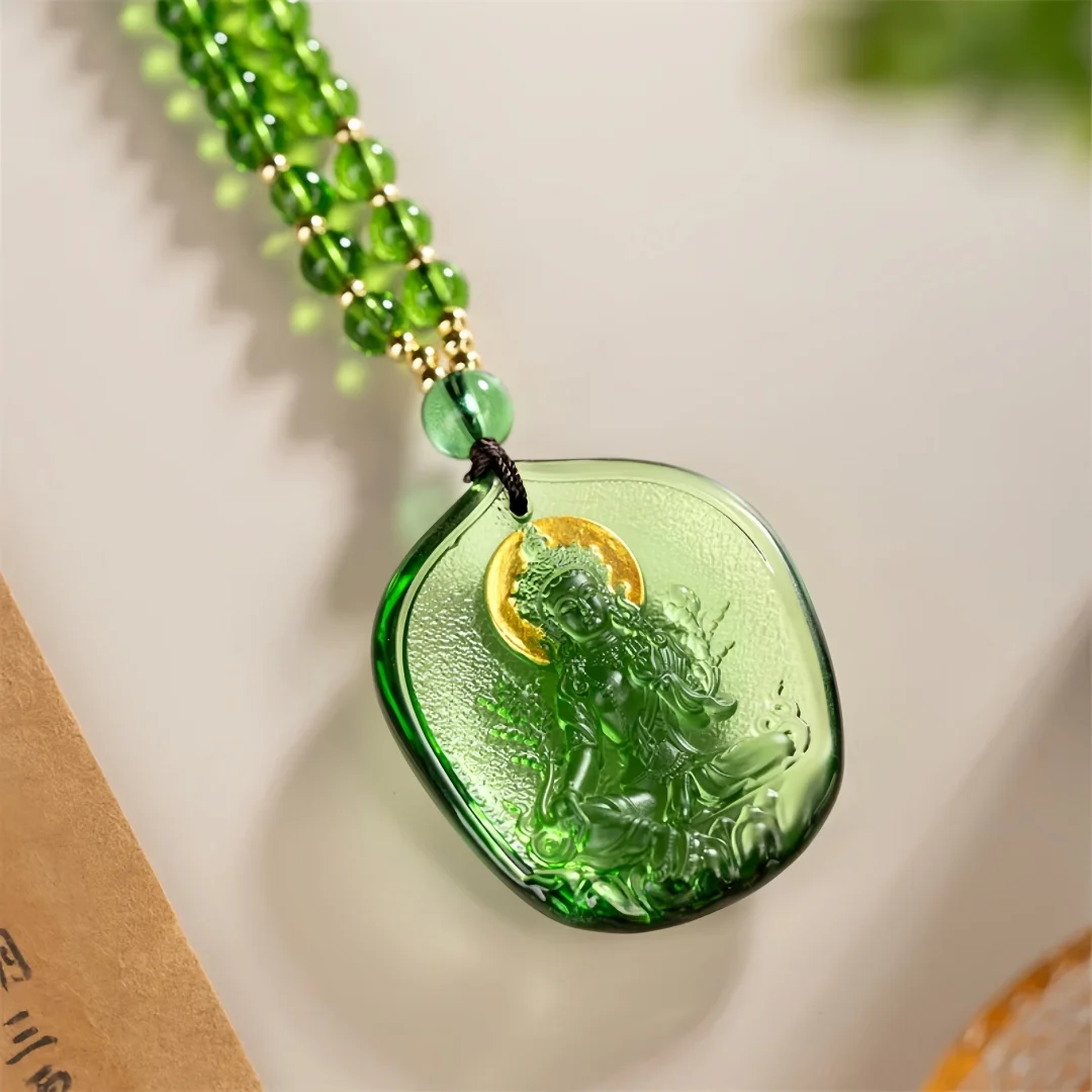Green Glaze Green Tara Bodhisattva Amulet Pendant Necklace Temple Blessing Safe Guardian Lucky Pendant