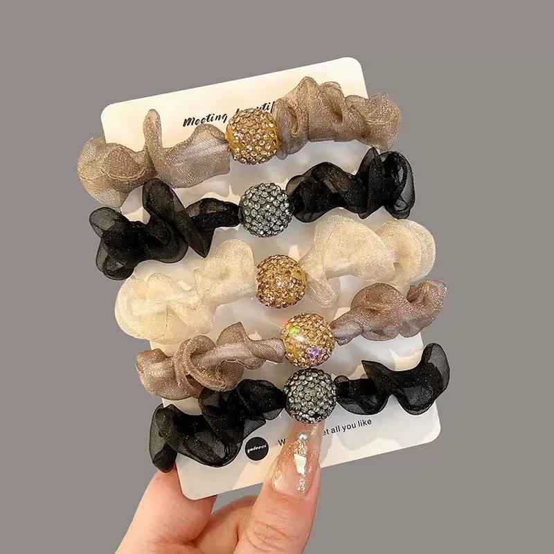 2 buah mode berkilau bola kristal jaring kurus elastis karet gelang warna Solid hitam ikat rambut Scrunchies ikat rambut tali untuk wanita