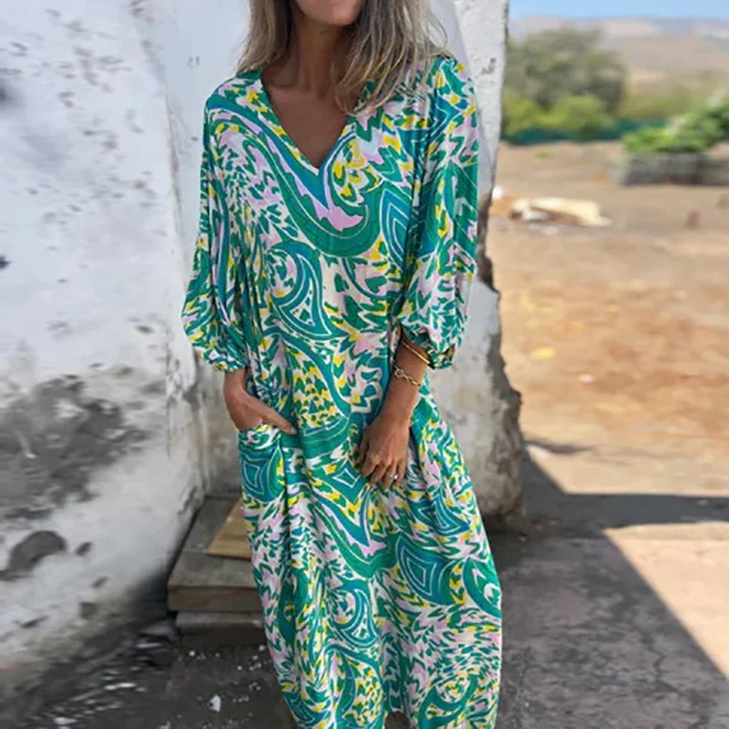 Abiti lunghi larghi con stampa leopardata vintage Donna 2025 Abito lungo con tasca con scollo a V elegante primavera Autunno Abito da vacanza Boho con maniche a 3/4
