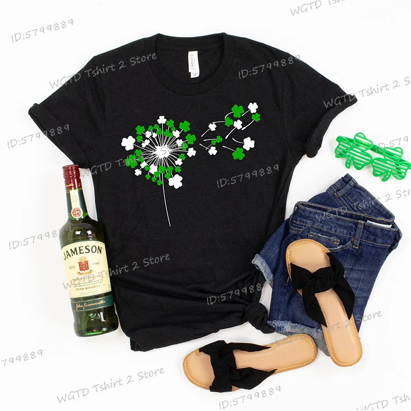 Dandelion St. Patricks Day Woman T-shirts Lucky Shamrock Shirt Dandelion Happy Patricks Day Clover Crew Neck Women's Clothing