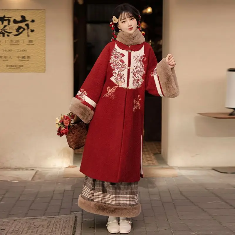 

Original Hanfu Women's New Chinese Wool Jacket Plaid Skirt Set Fleece Thickened Autumn and Winter Traditional Chinese Clothing
