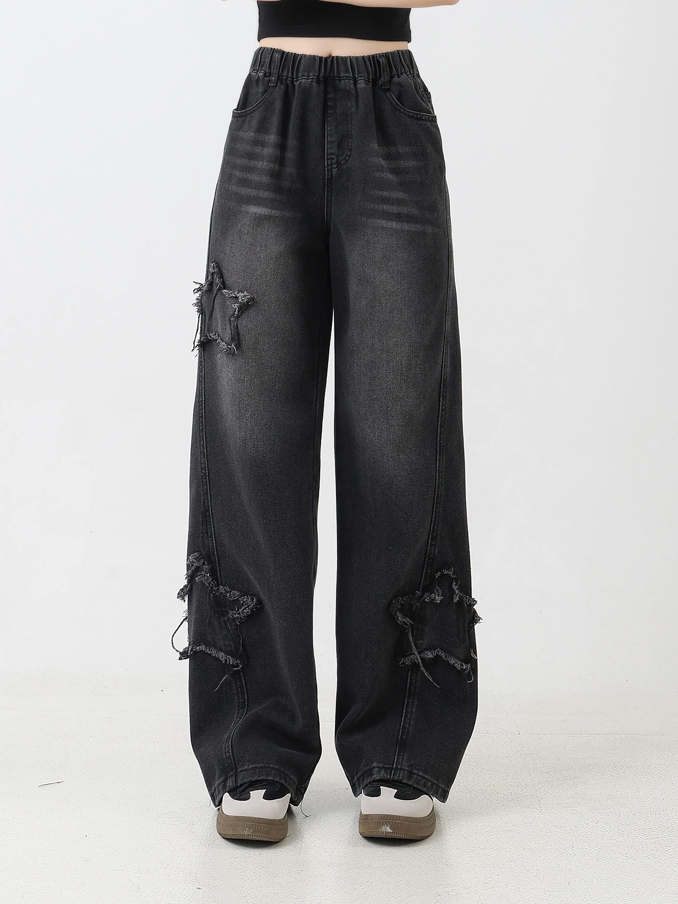 

Vintage Washed Denim Pants for Girls - Student Style Straight Leg Casual Jeans (Trendy & Versatile)