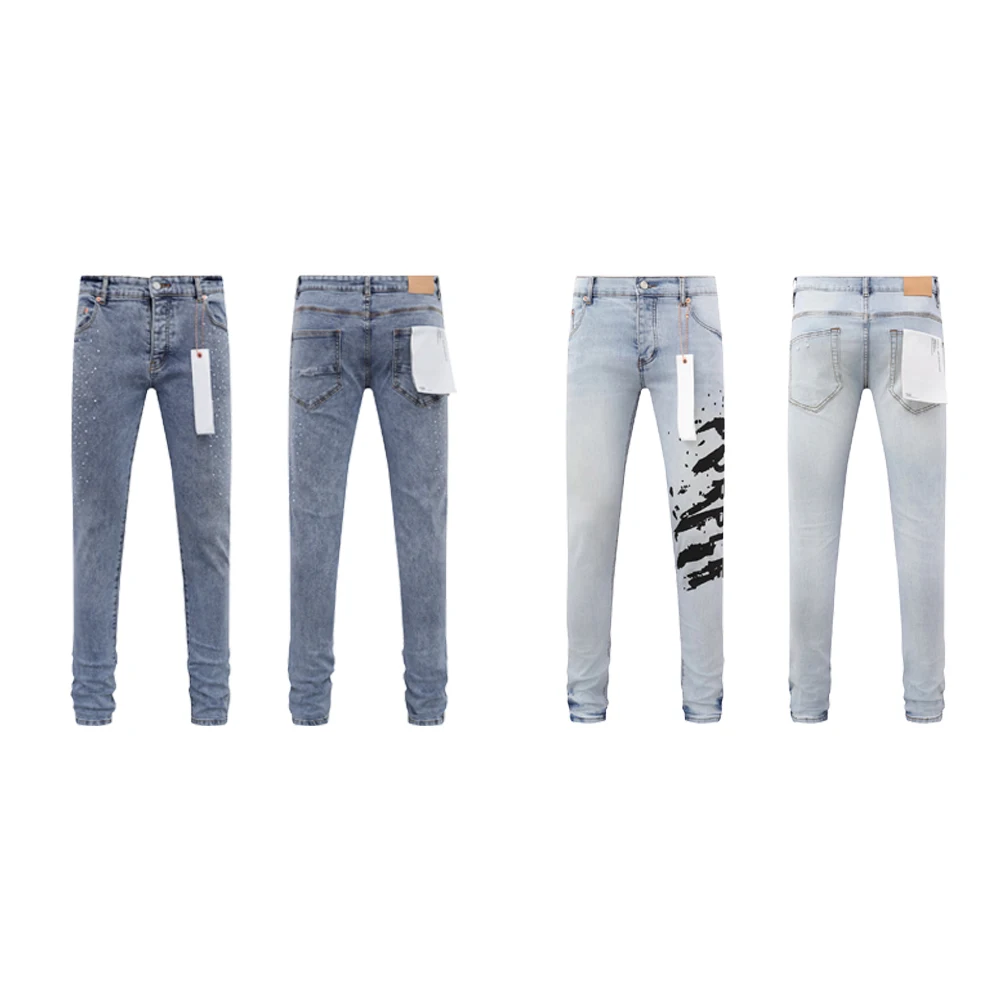 

High Streetwear Fashion Denim Jeans Straight Trousers Jeans with Rhinestones Denim Pants Man Printed Retro Blue Street Style New
